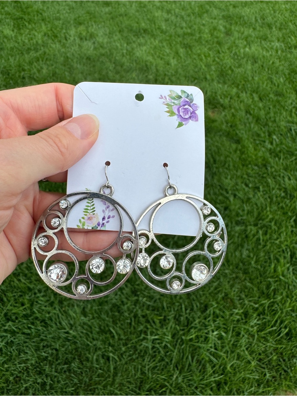 $12 or 3/$30! Circular Silver Drop Earrings with Crystal Accents